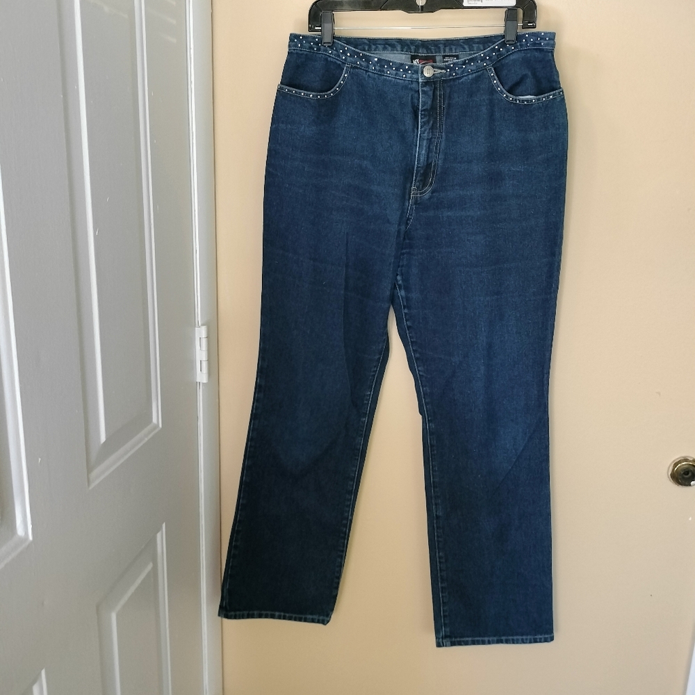 NY Jeans Dark Wash Straight Leg Blue Denim Studded Waistband 14 Western 90s Y2K